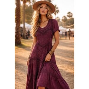 Magic India Vintage Rayon Embroidered Midi Dress Burgundy One Size Boho Festival